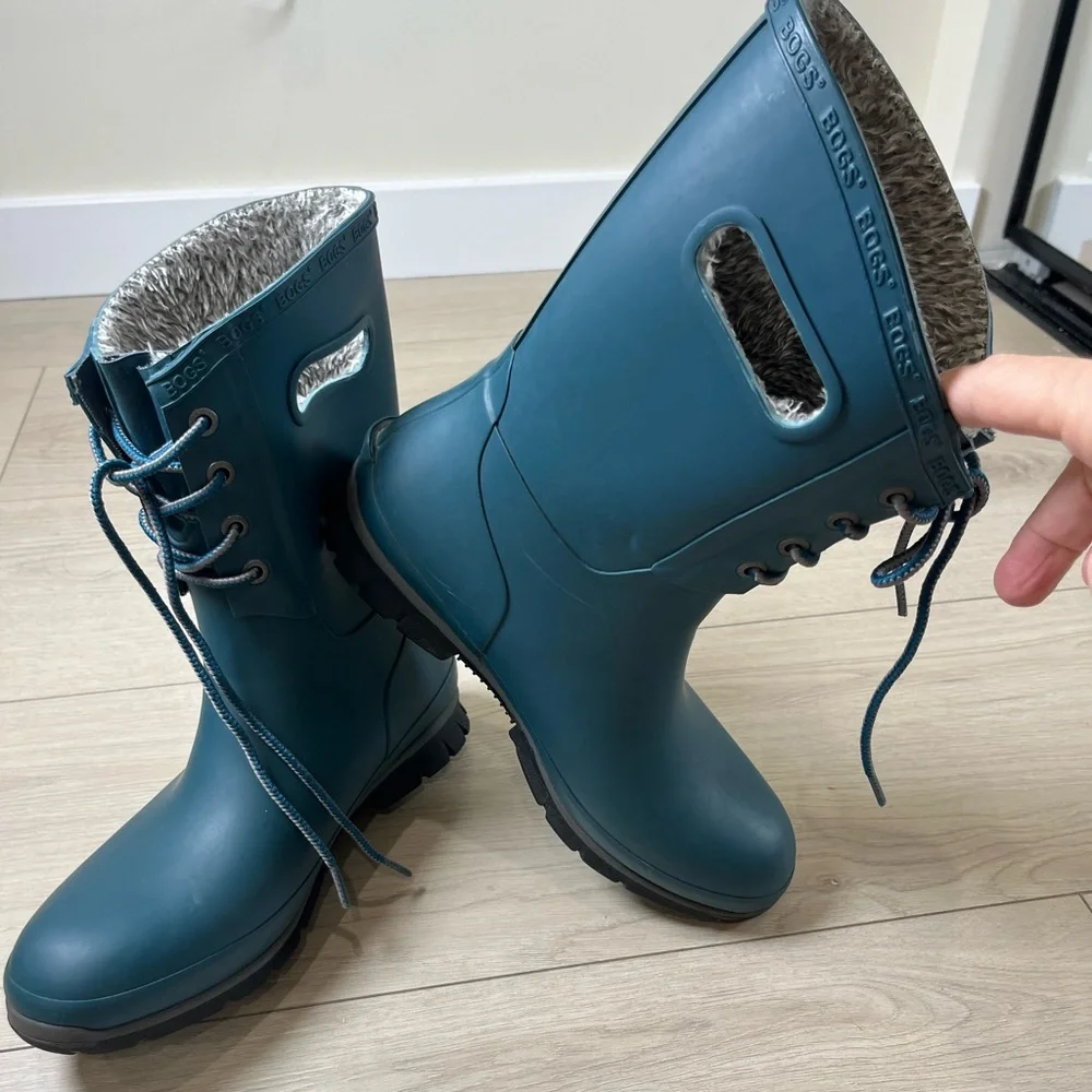 BOGS Amanda Rain Boots With Plush Lining Waterproof Women 9 LaceUp Turquoise - Picture 11 of 13